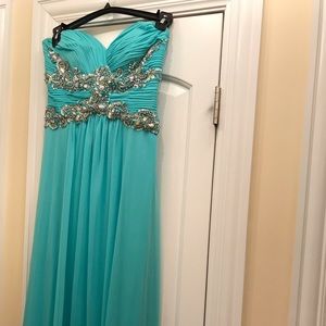 Long Aqua strapless evening dress